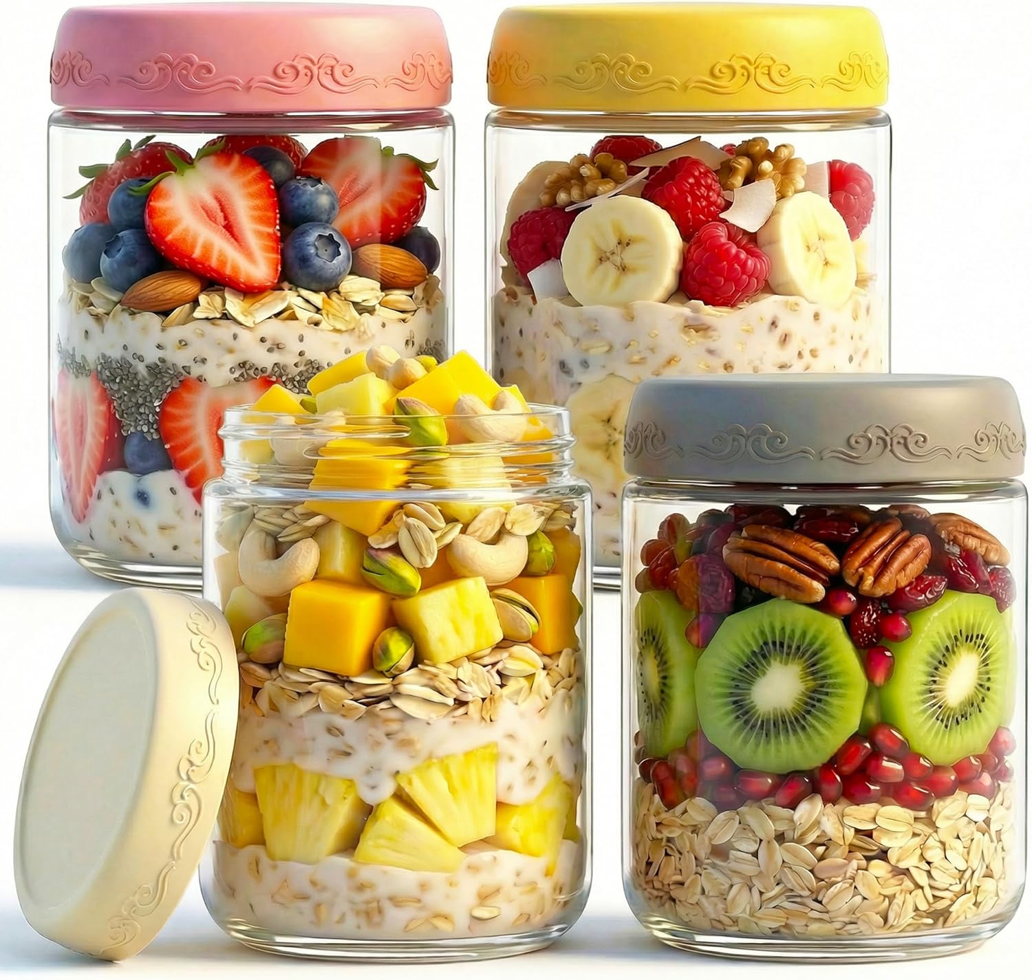 Meal Prep Glass - 16 OZ 4Pack, Overnight Oats Jars