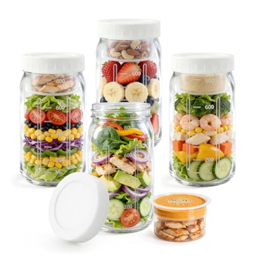 Salad Container Jar - 4Pack Glass Salad Jars with lids
