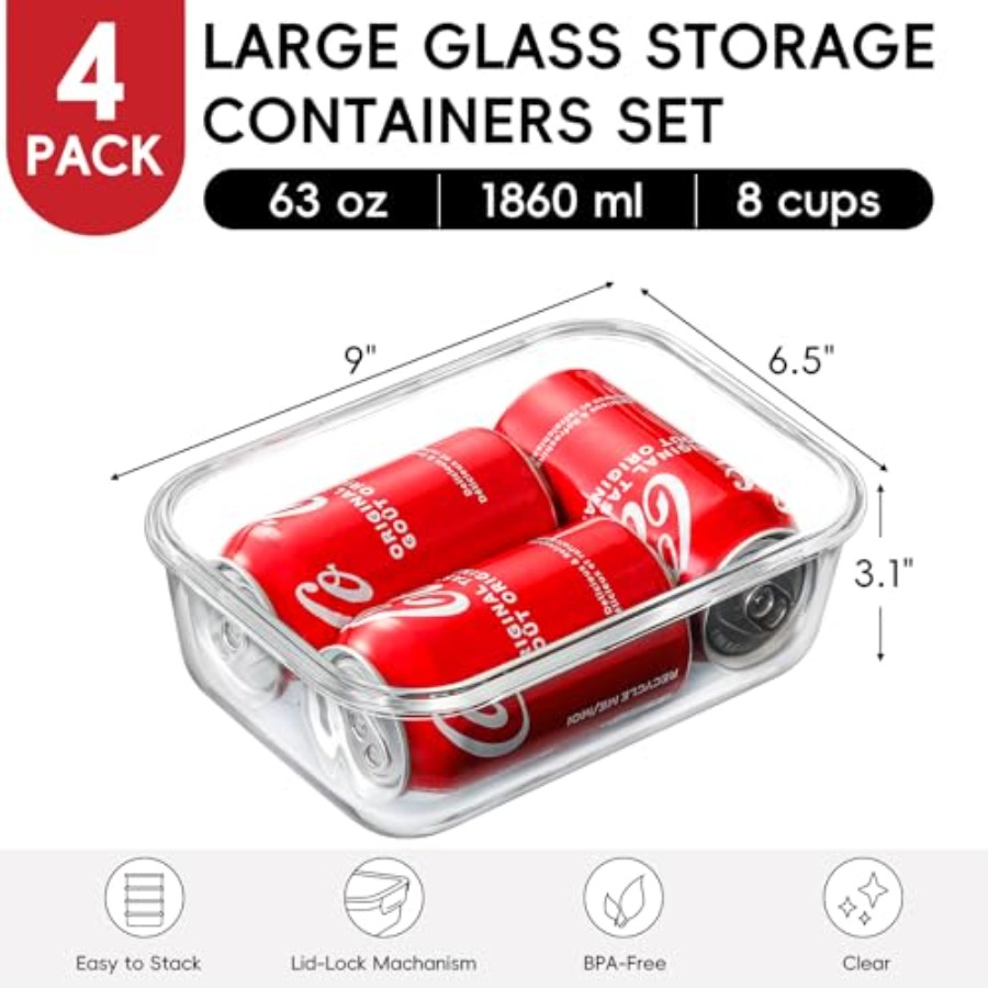 4 Pack 8 Cups/ 63oz Large Glas - đánh giá và giá Meal Prep Glass